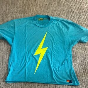 Aviator Nation Teal Graphic Tee with Neon Yellow Lightning Bolt women’s medium